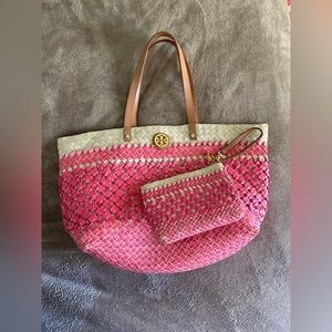 Tory Burch straw beach tote and wristlet